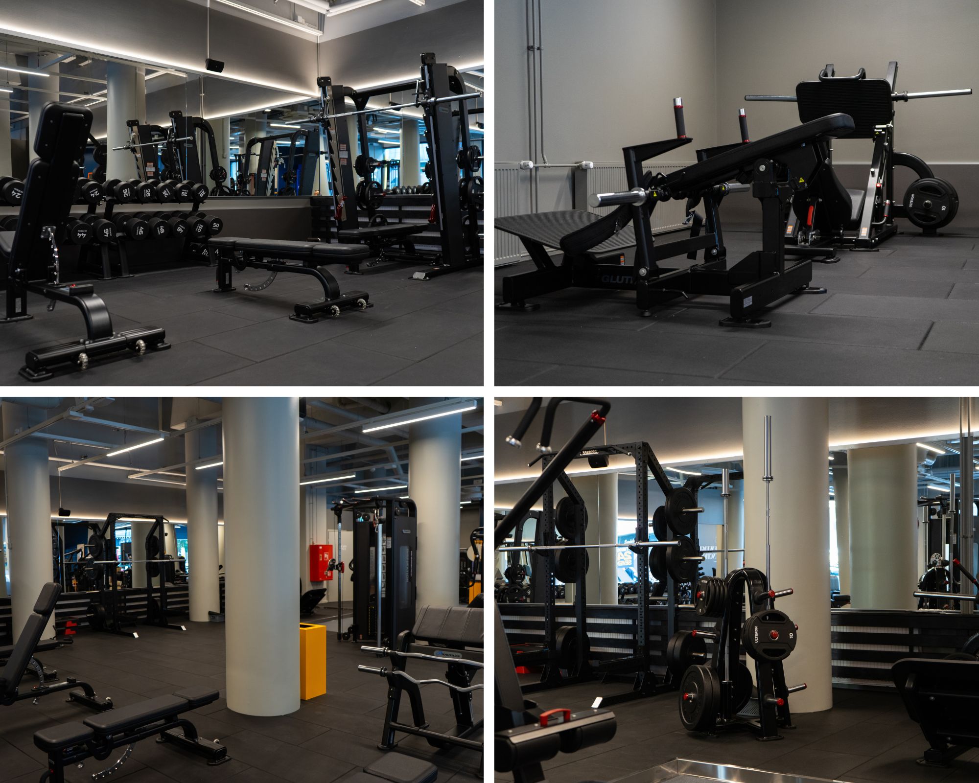 Fitness24Seven Lahti Rauhankatu. Kuntosalin vapaapainoalue, hip thrust -laite ja jalkaprässi.